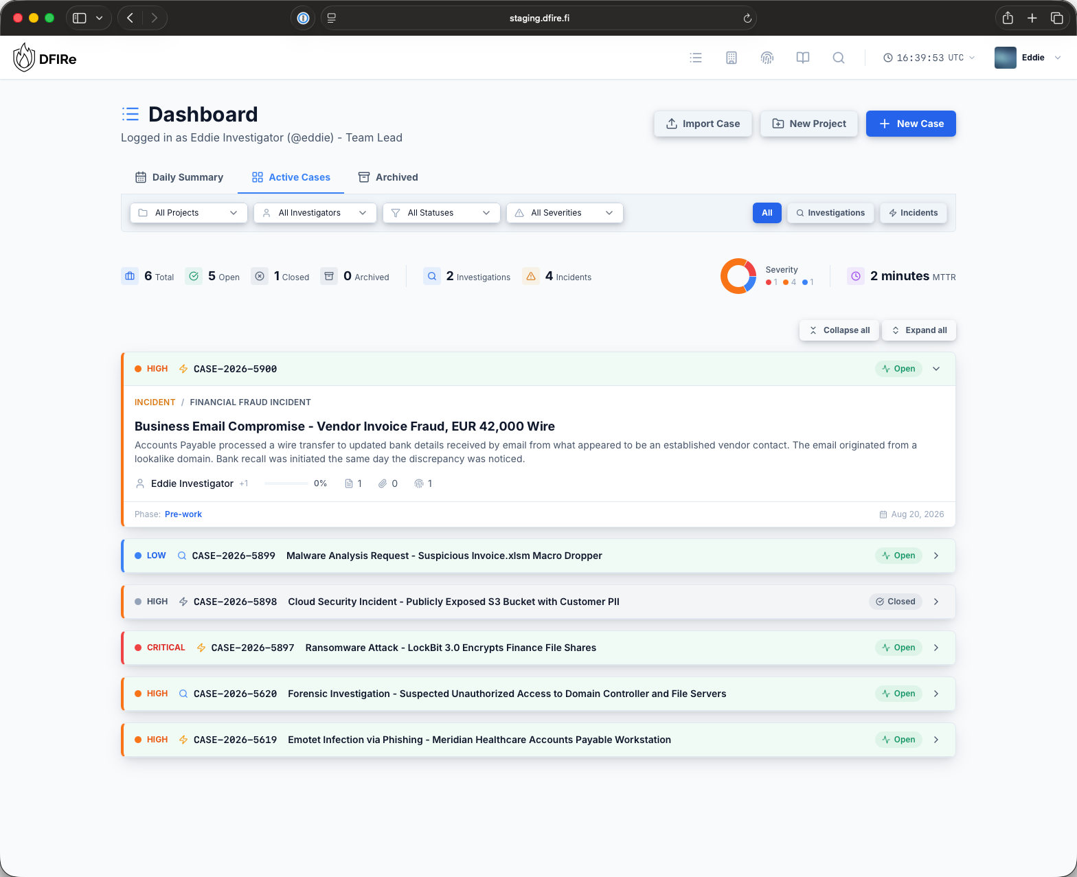 DFIRe dashboard: open cases, evidence counts and compliance timers